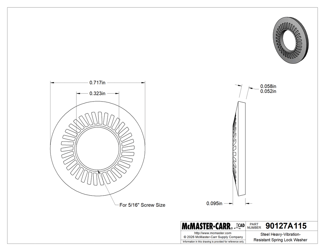Technical Drawing of Steel Heavy-Vibration-Resistant Spring Lock Washer, Zinc-Plated, for 5/16" Screw Size, 0.323" ID, 0.717" OD.